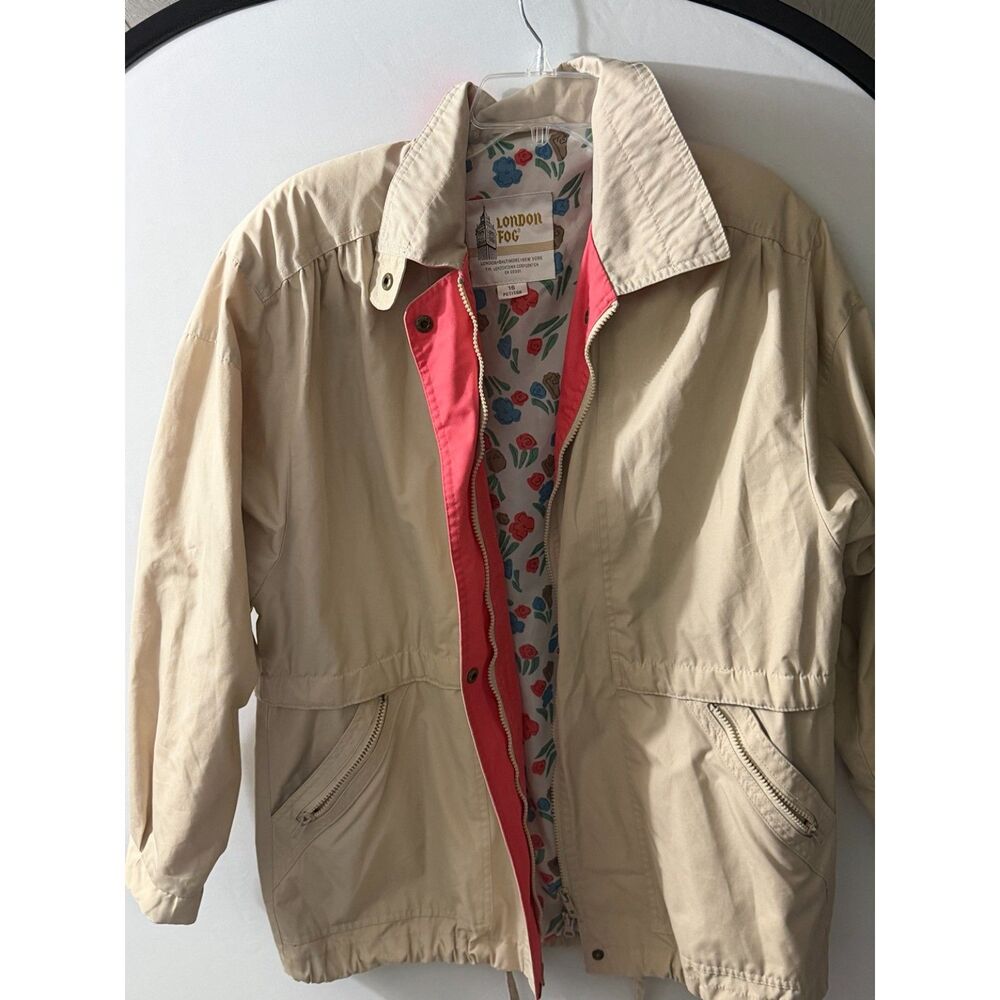 Vintage 90s London Fog Women’s 16 Petite Beige Floral Lined Rain Jacket Preppy